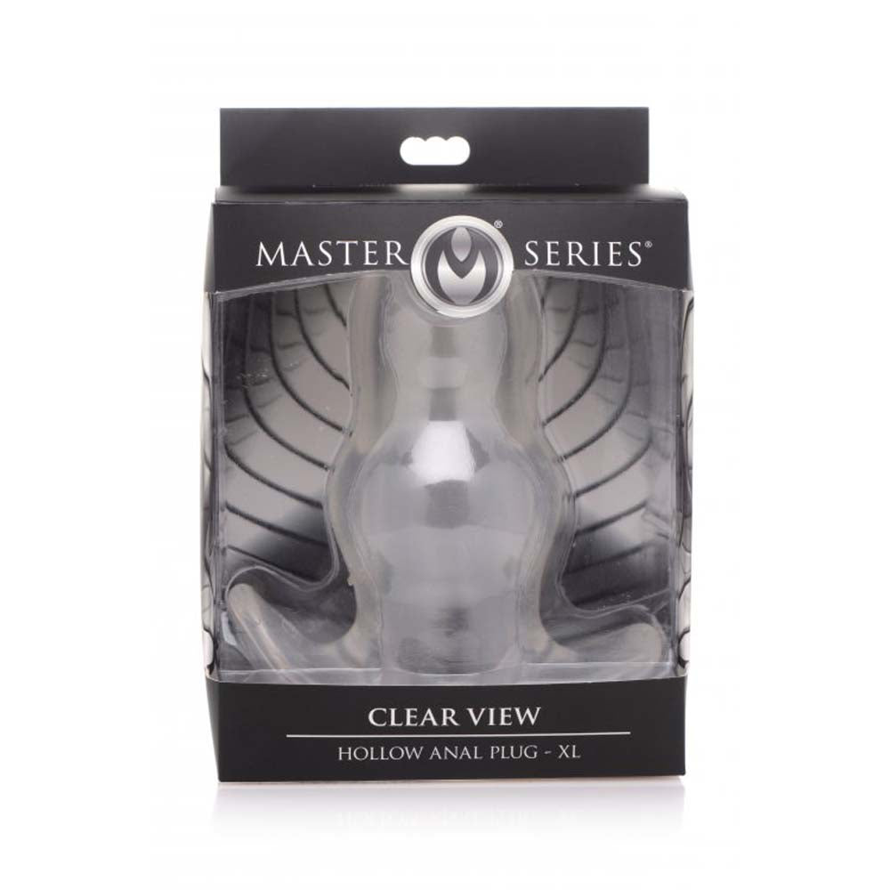 Transparent TPE hollow anal plug with "Master Series" branding.