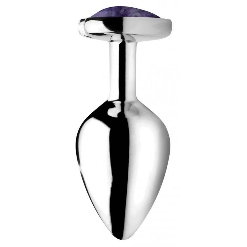 Weighted aluminum anal plug with a purple amethyst gemstone top.