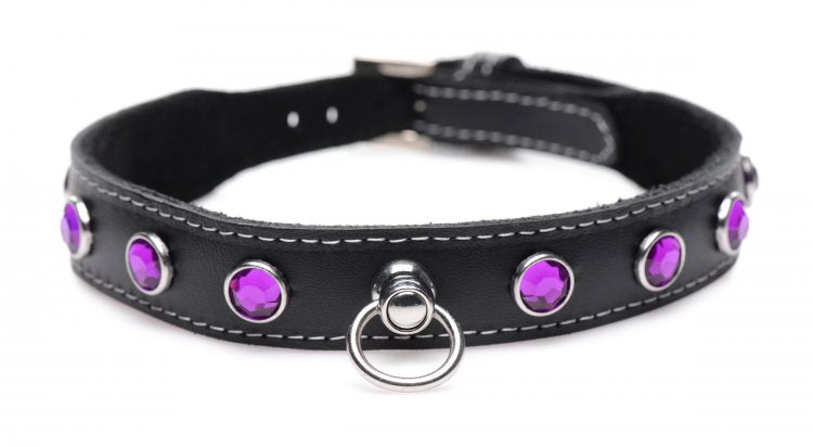 Black leather choker with purple rhinestones and a silver O-ring.