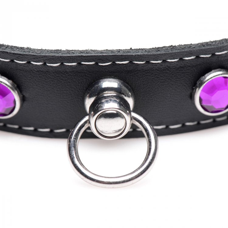Black leather choker with purple rhinestones and a silver O-ring.