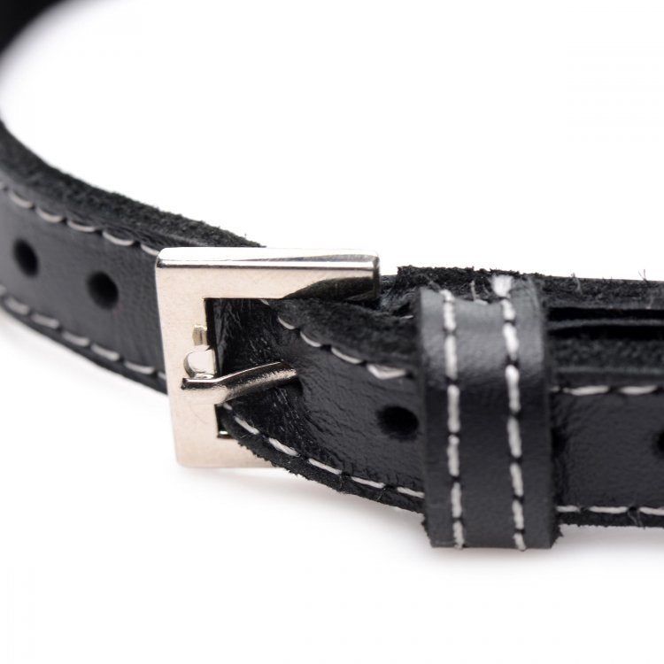 Black leather choker with a silver buckle and white stitching.