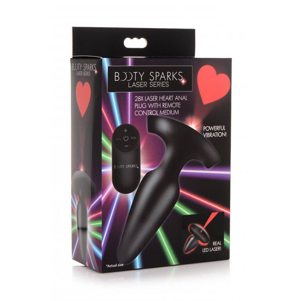 Black silicone anal plug with a heart design and laser light.