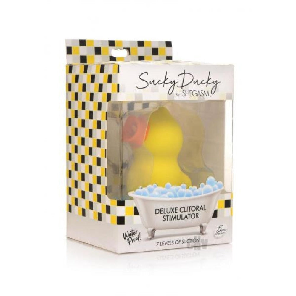 Yellow ducky shaped clitoral stimulator in bathtub packaging.