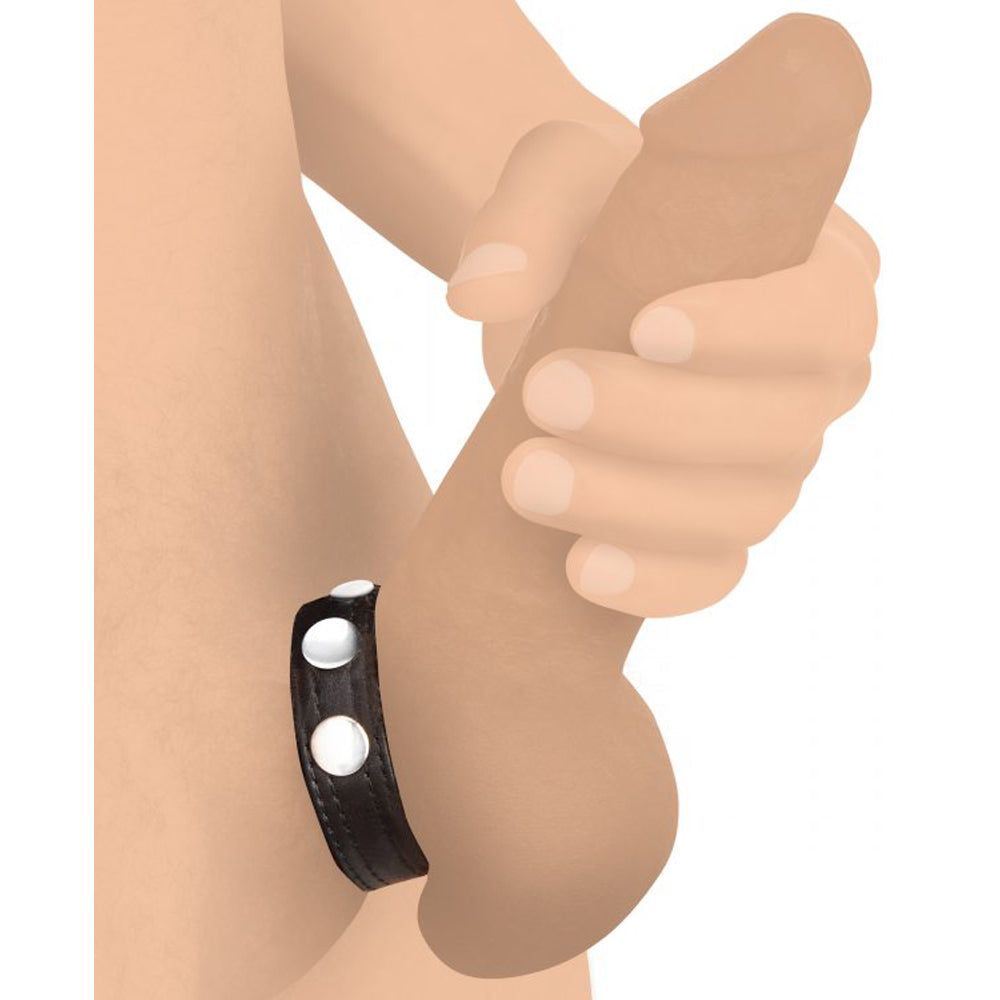 Adjustable black leather cock ring with silver snaps.