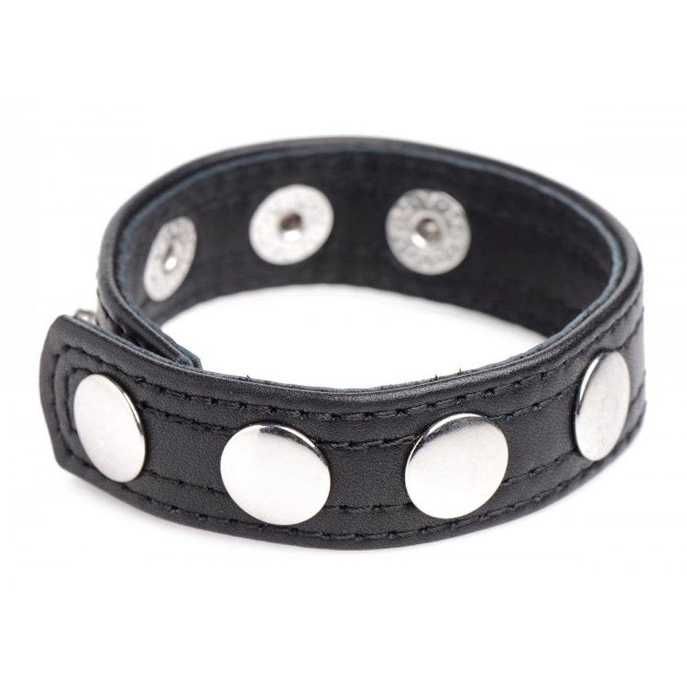 Black leather cock ring with adjustable silver snaps.