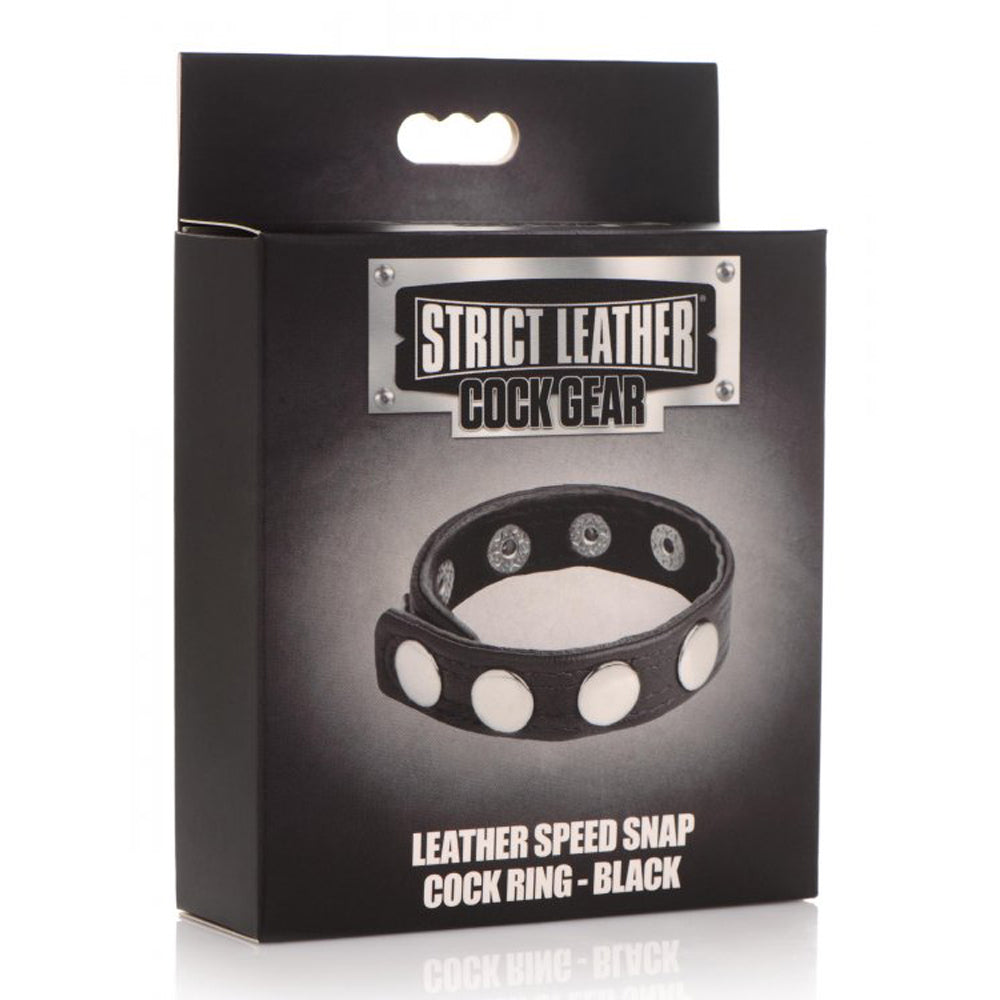 Black leather cock ring with silver snaps on a black box.