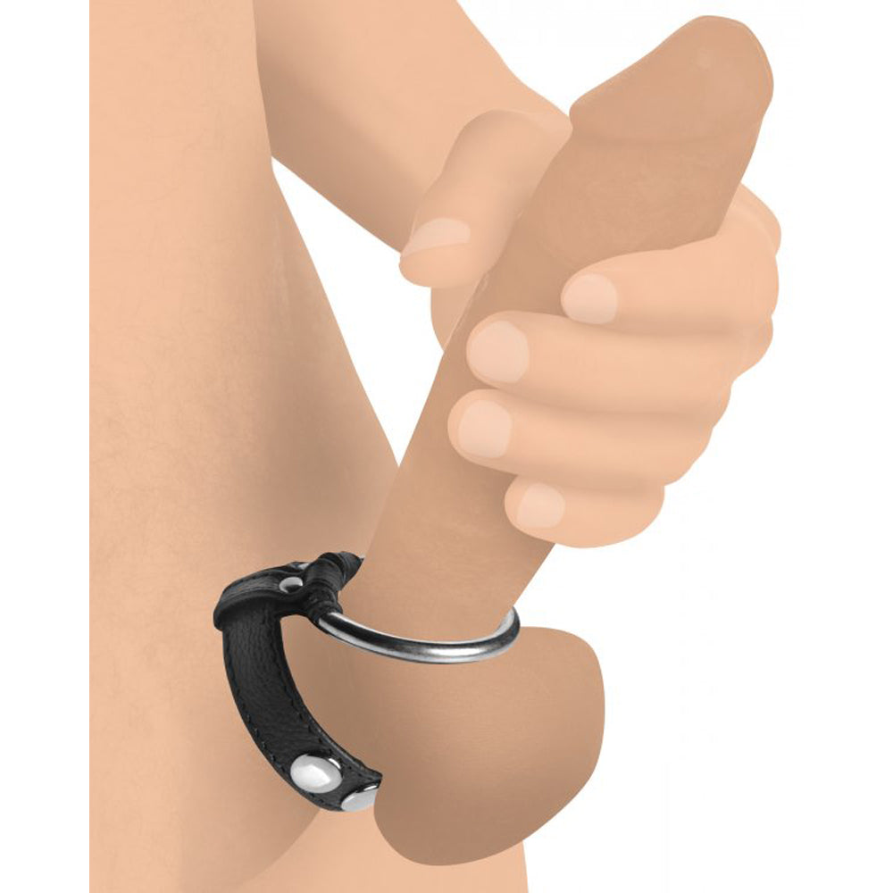 Black leather cock and ball ring with a metal O-ring.