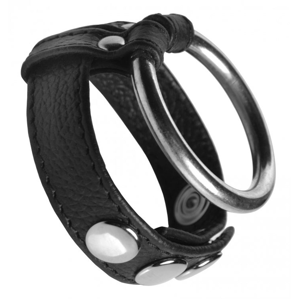 Black leather cock and ball ring with a metal O-ring.