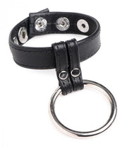 Black leather cock and ball ring with a metal O-ring.