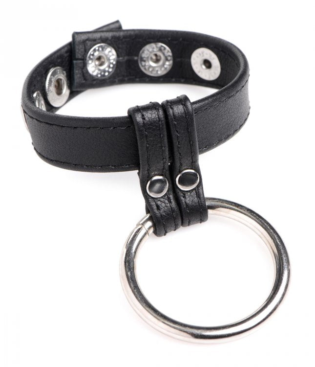 Black leather cock and ball ring with a metal O-ring.