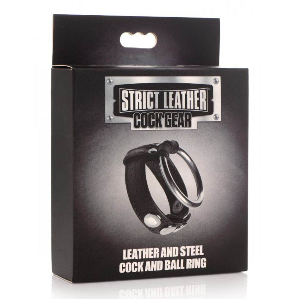 Black leather cock and ball ring with a metal O-ring.