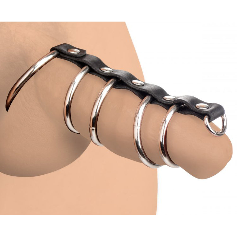 Black leather strap with five graduated metal rings attached.