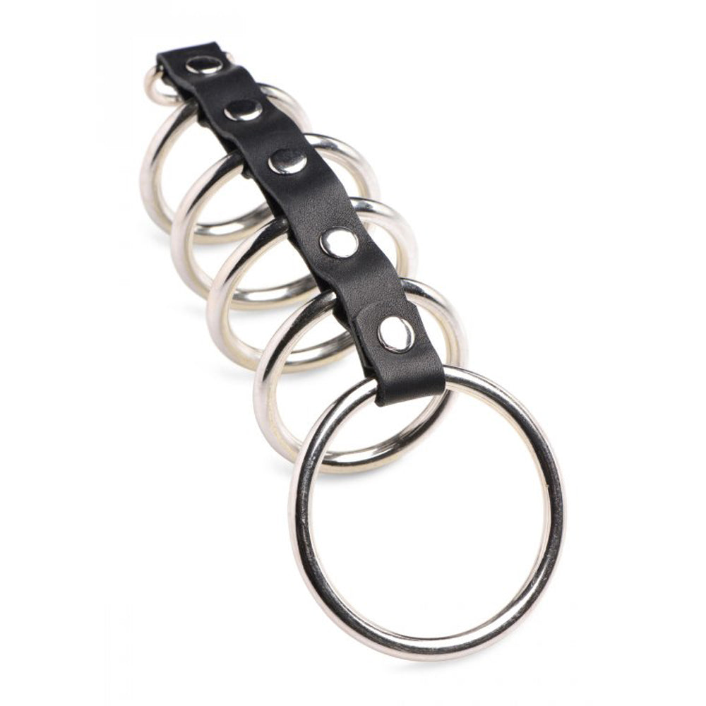 Black leather strap with five graduated silver metal rings.