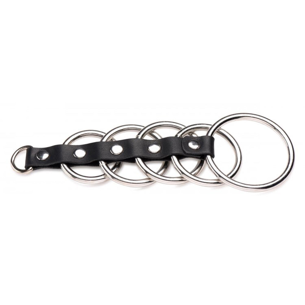 Black leather strap with five graduated metal rings and a D-ring.
