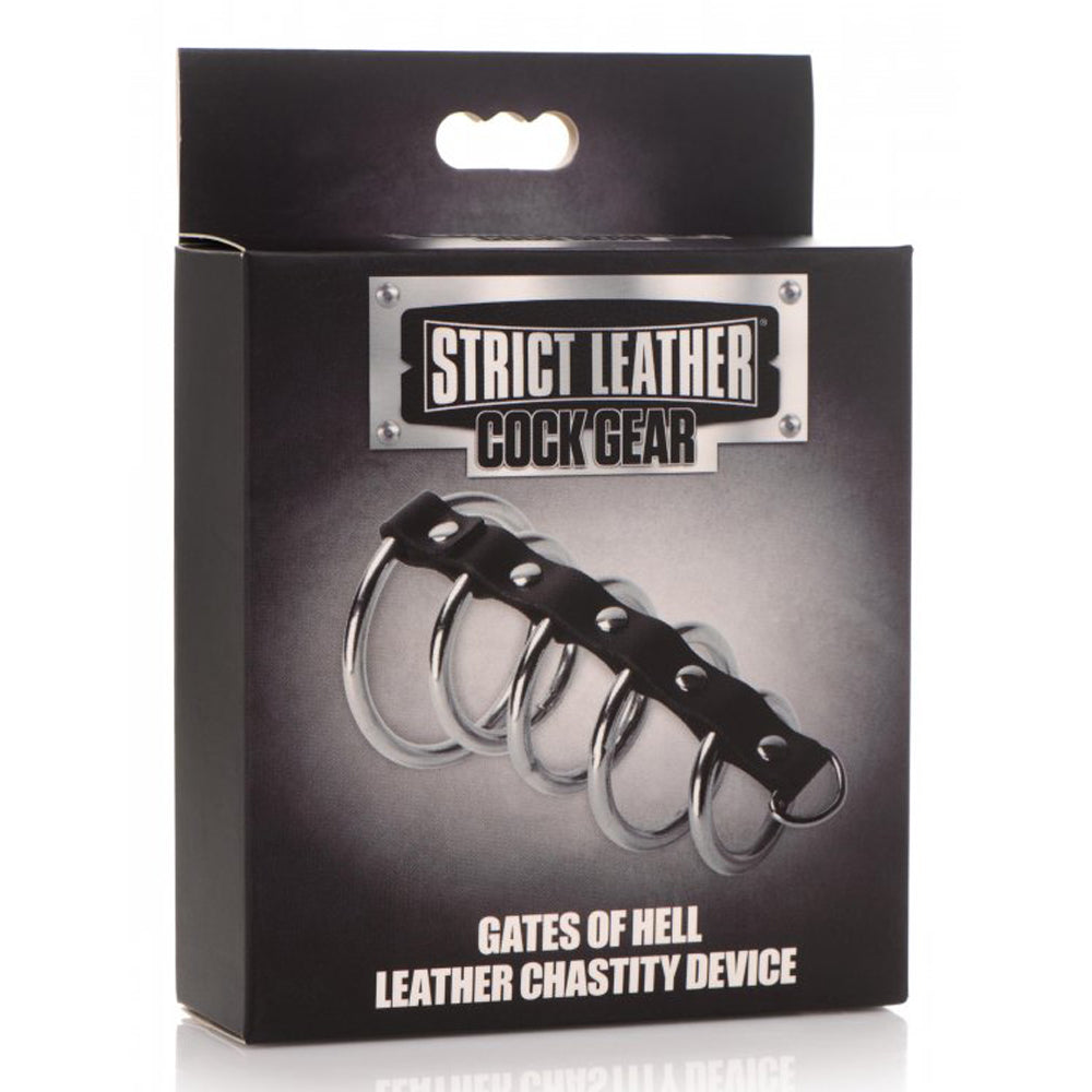 Black leather cock ring with five graduated metal rings.