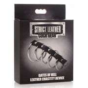 Black leather cock ring with five graduated metal rings.