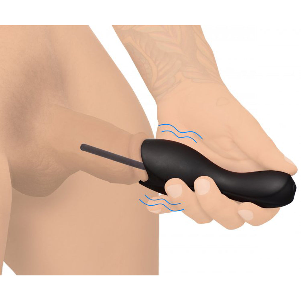 Black vibrating urethral sound teaser with blue wavy lines indicating vibration.