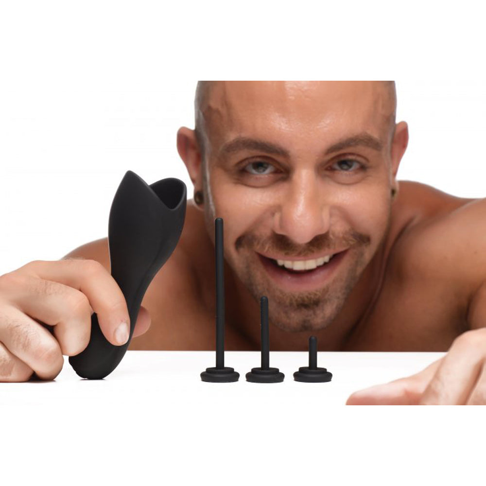 Black silicone urethral sound set with a vibrating head teaser.
