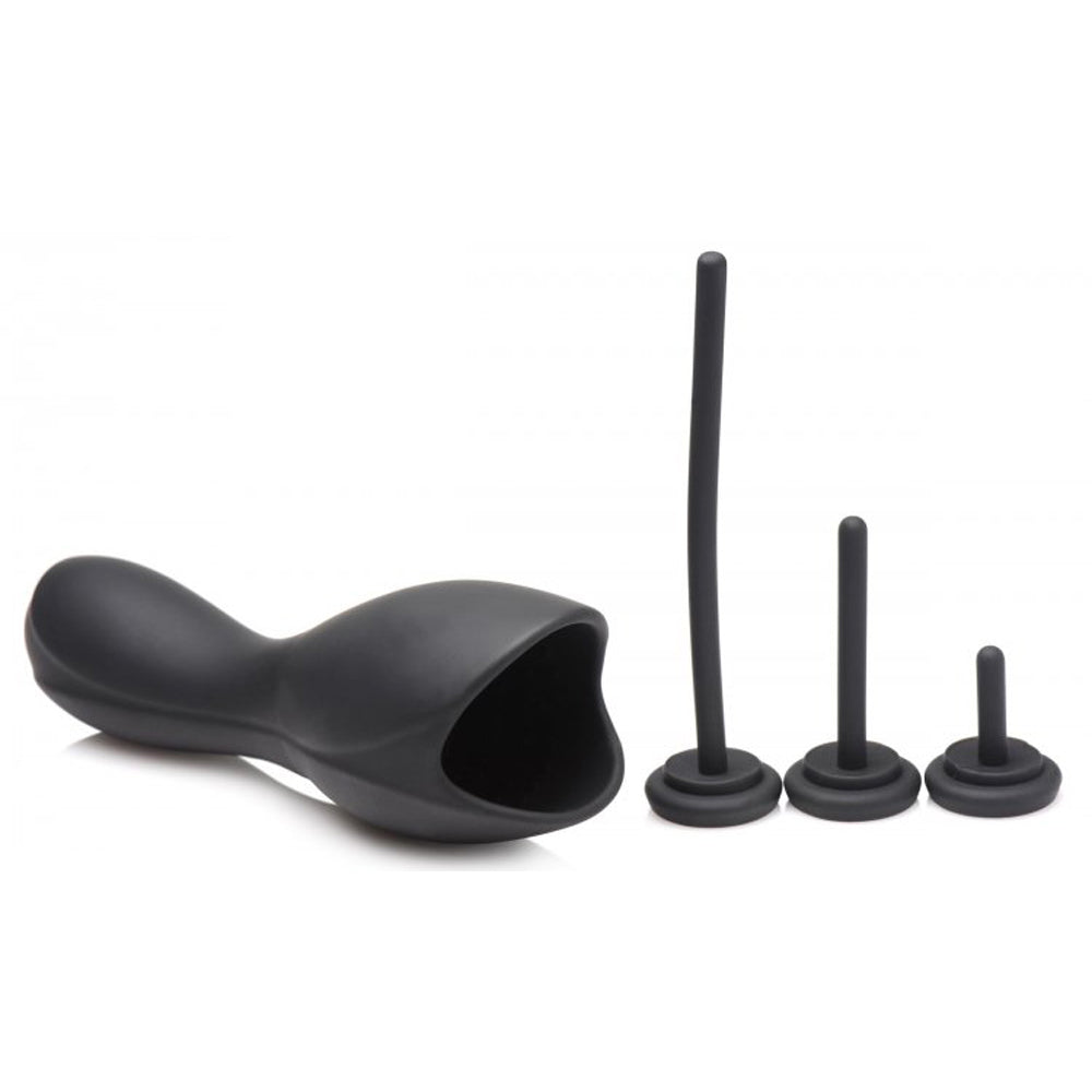 Black silicone urethral sound set with three interchangeable rods.