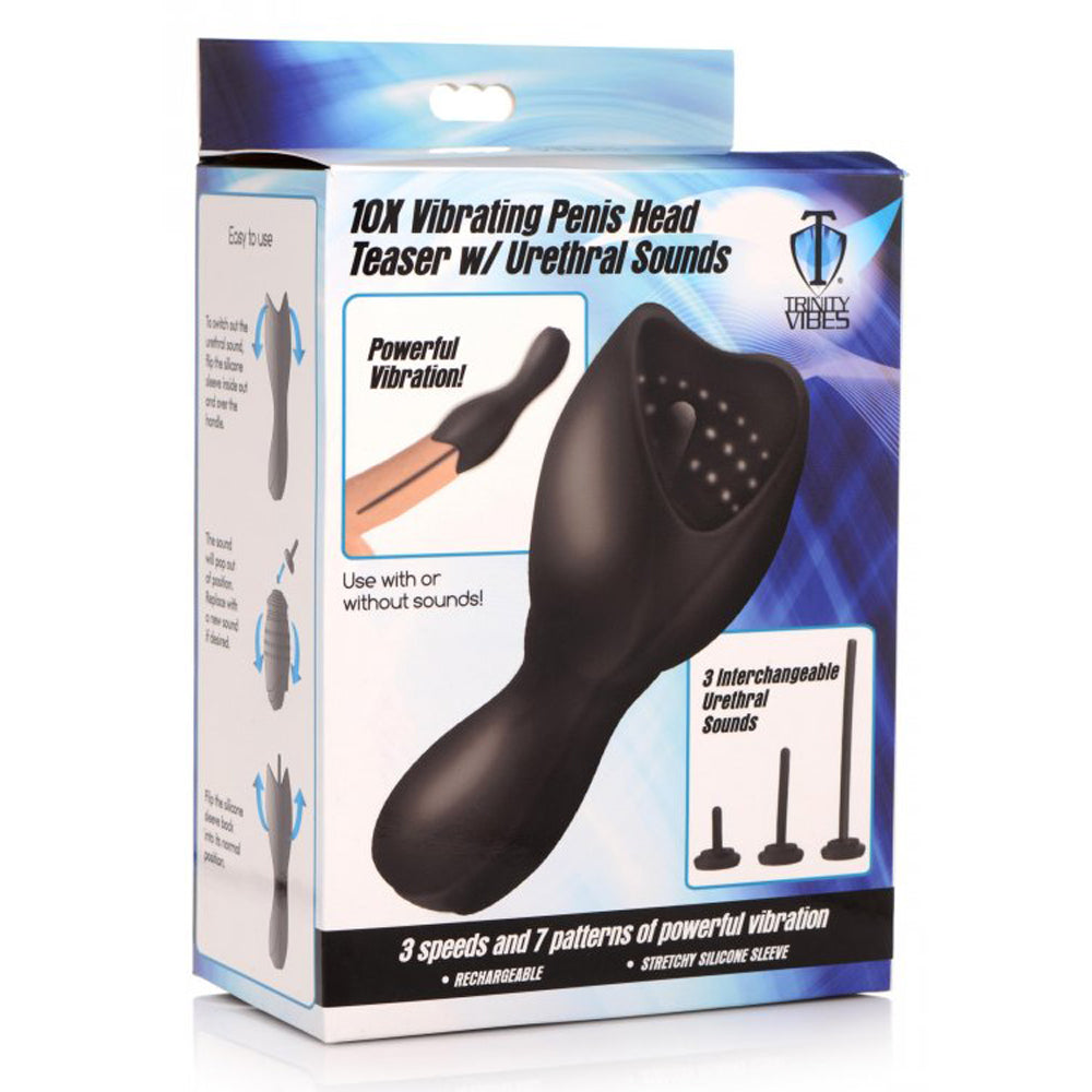 Black vibrating penis head teaser with urethral sounds and instructions.