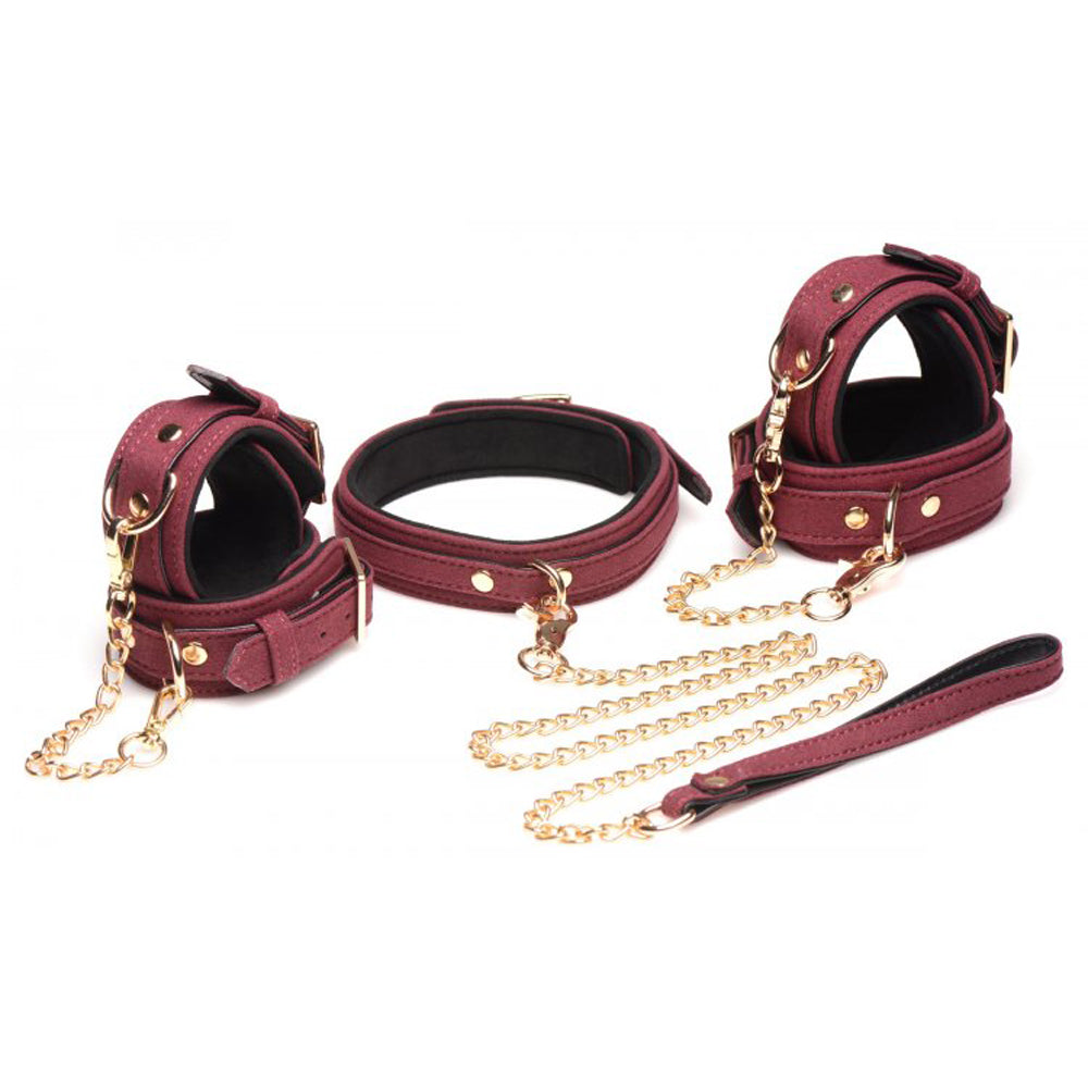 Burgundy vegan leather bondage set with gold chains and hardware.