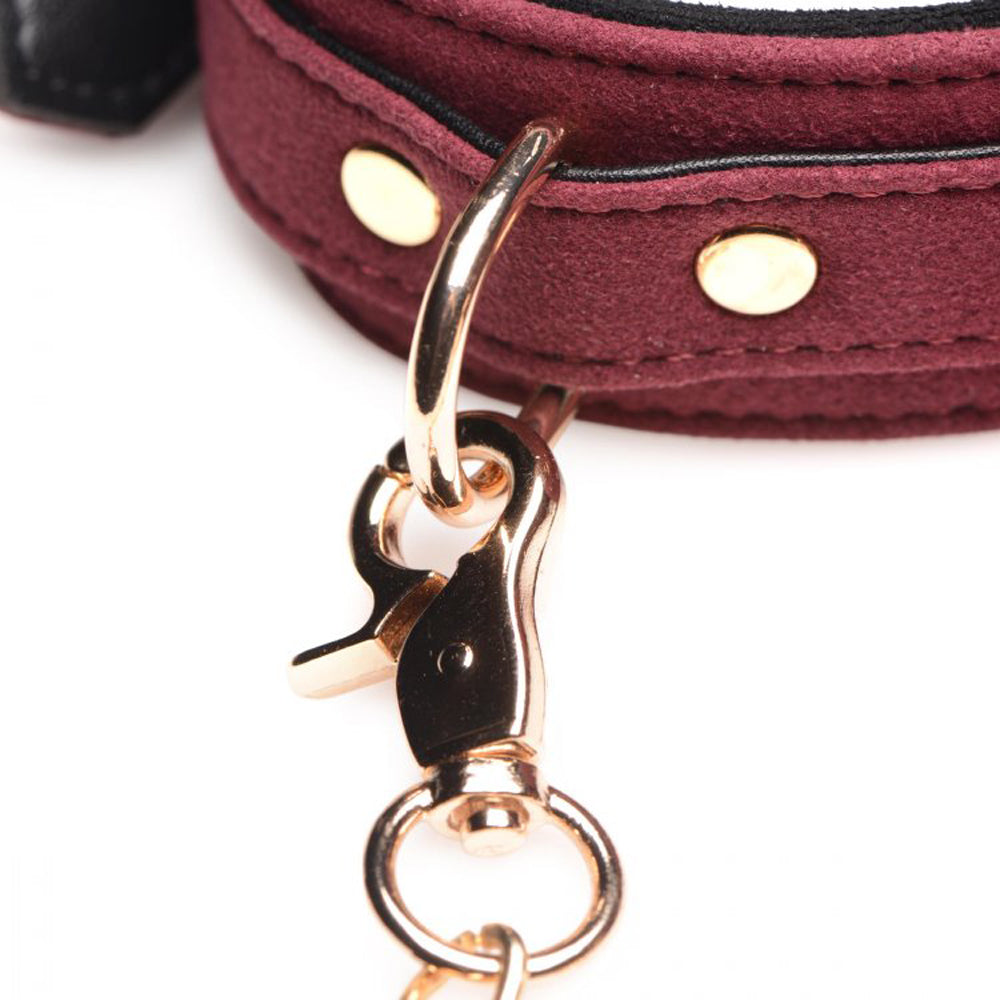 Burgundy velvet and gold metal bondage set with a clasp.