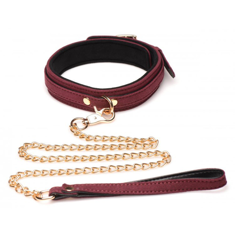 Burgundy vegan leather collar and leash with gold chain and hardware.