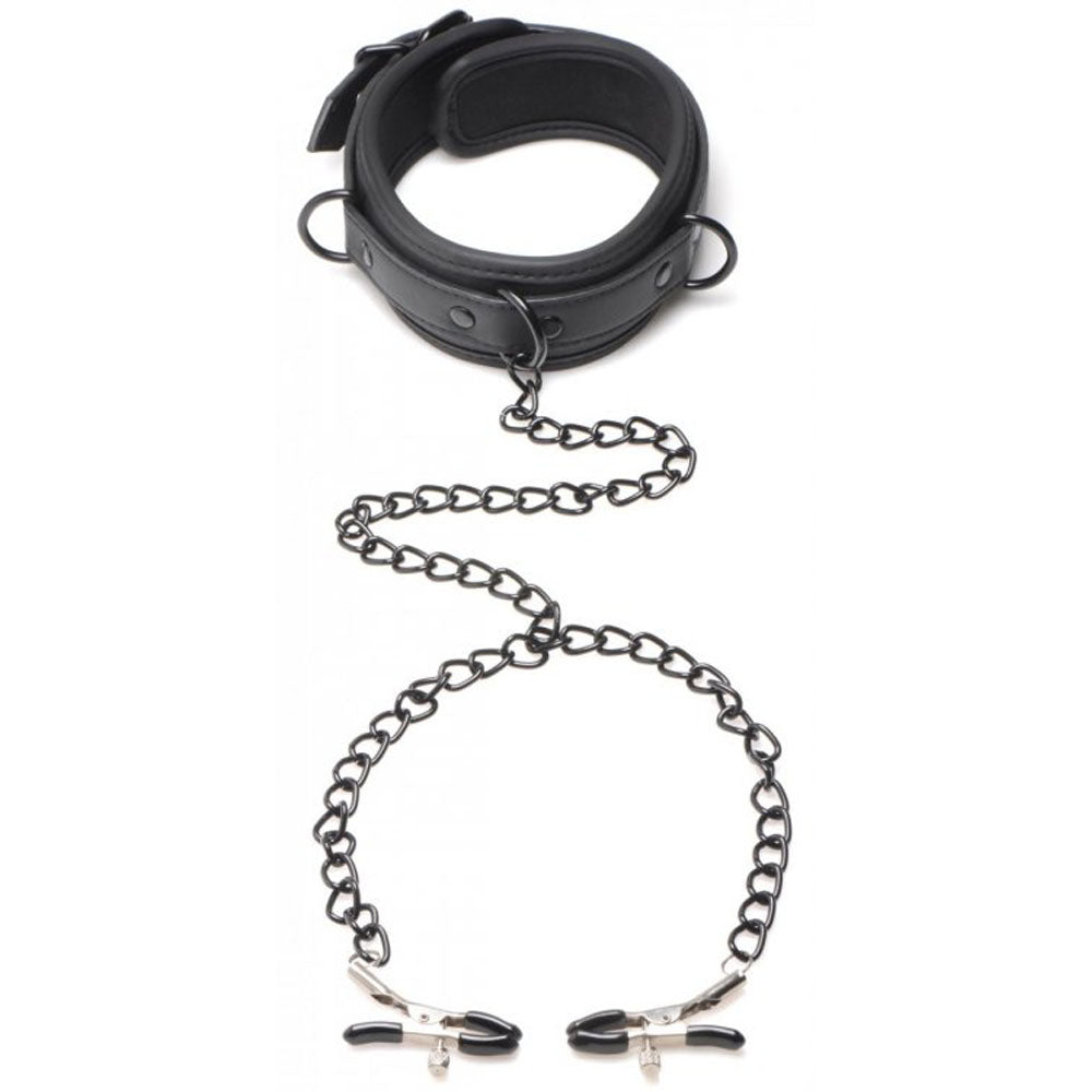 Adjustable black neoprene collar with attached chain and nipple clamps.