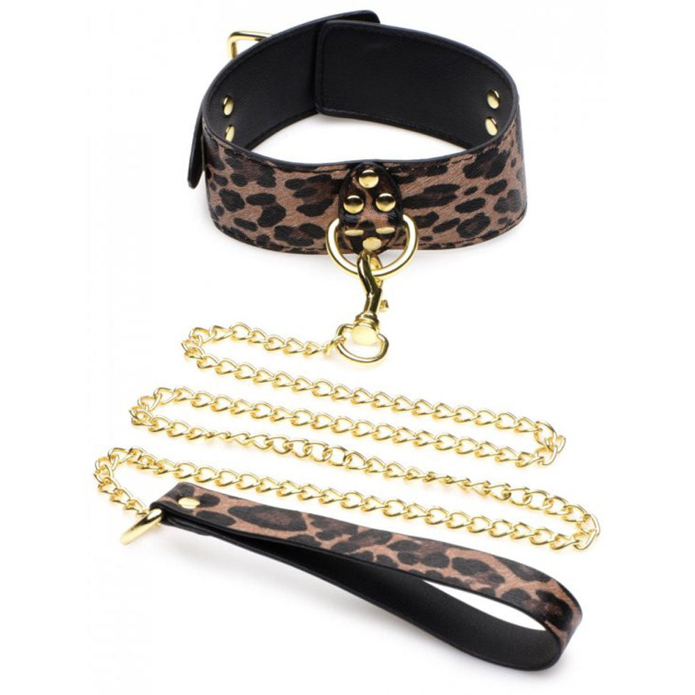 Jaguar print faux leather collar and leash with gold hardware.