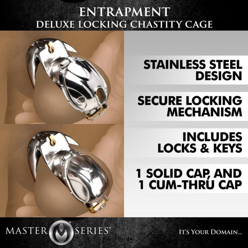 Stainless steel locking chastity cage with two caps and two rings.