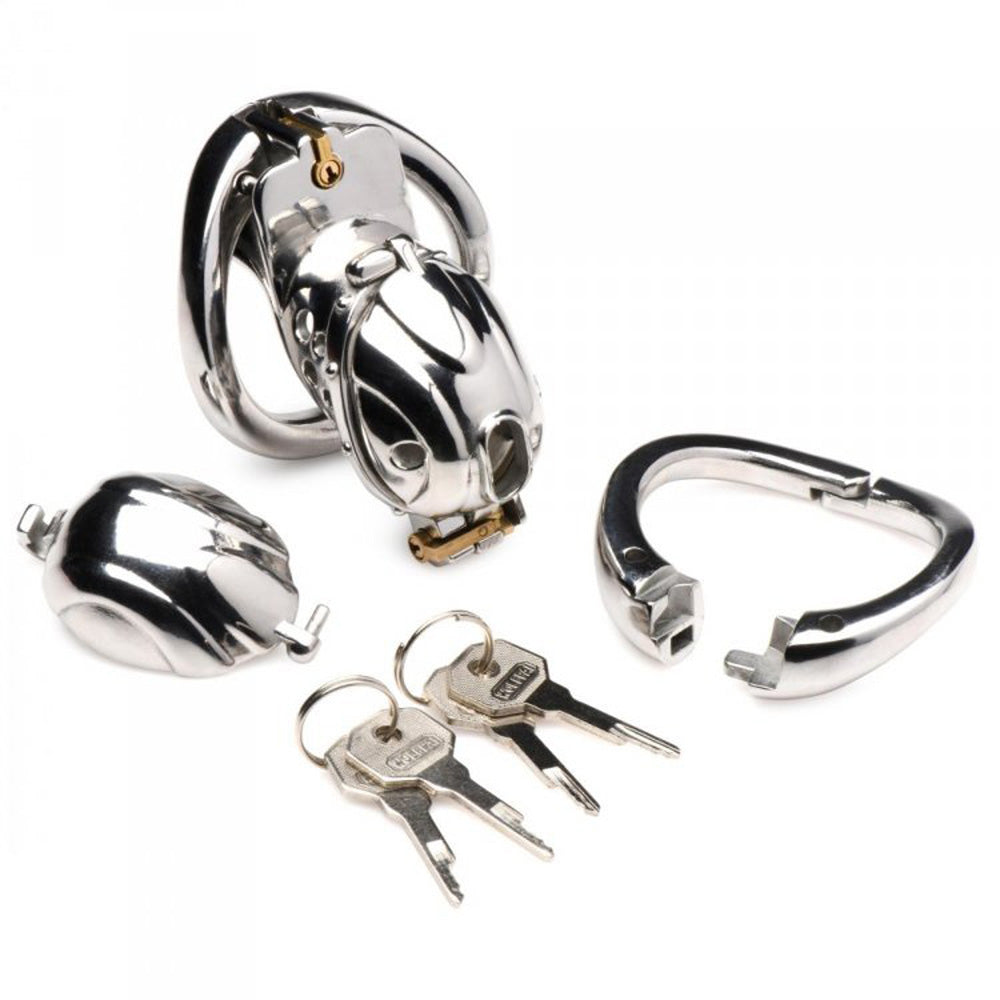 Stainless steel locking chastity cage with two ring sizes and two keys.