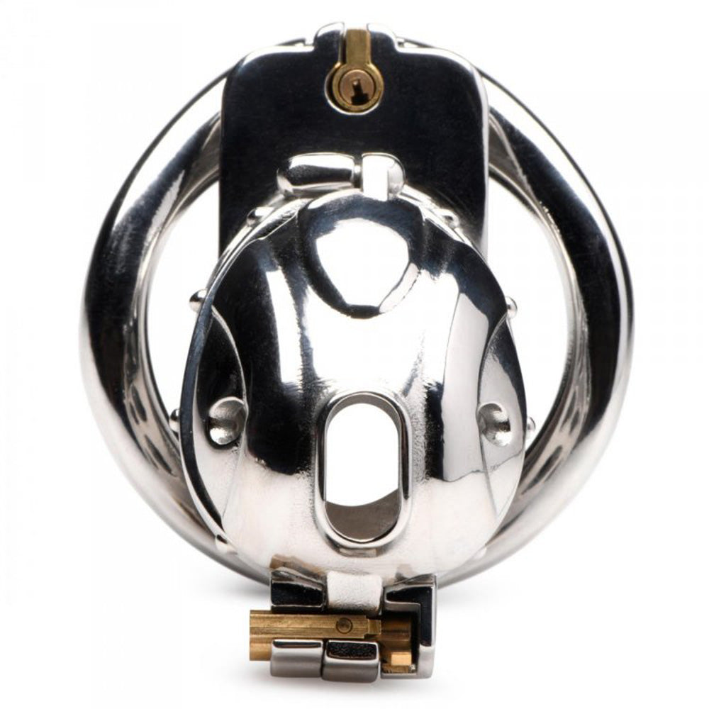 A polished stainless steel chastity cage with a lock and two ring sizes.