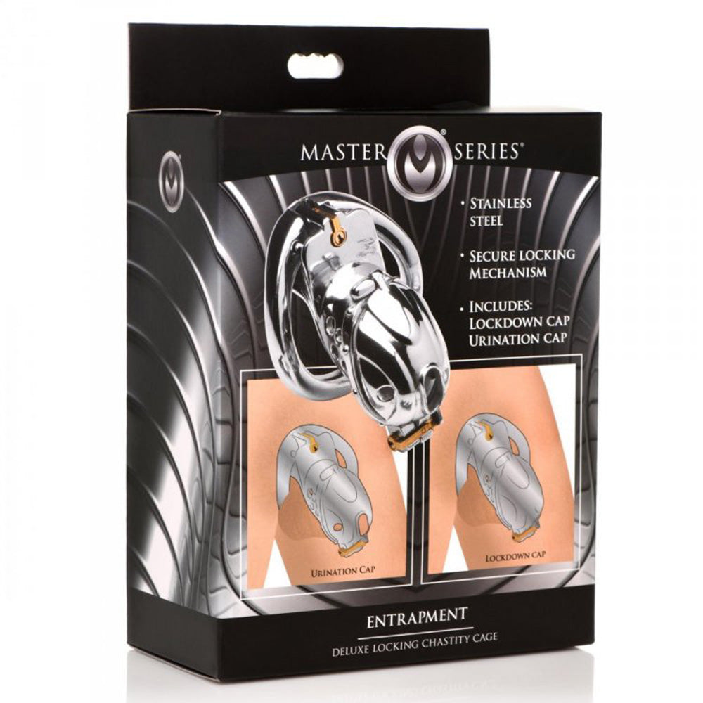 Master Series stainless steel chastity cage with two cap options shown.