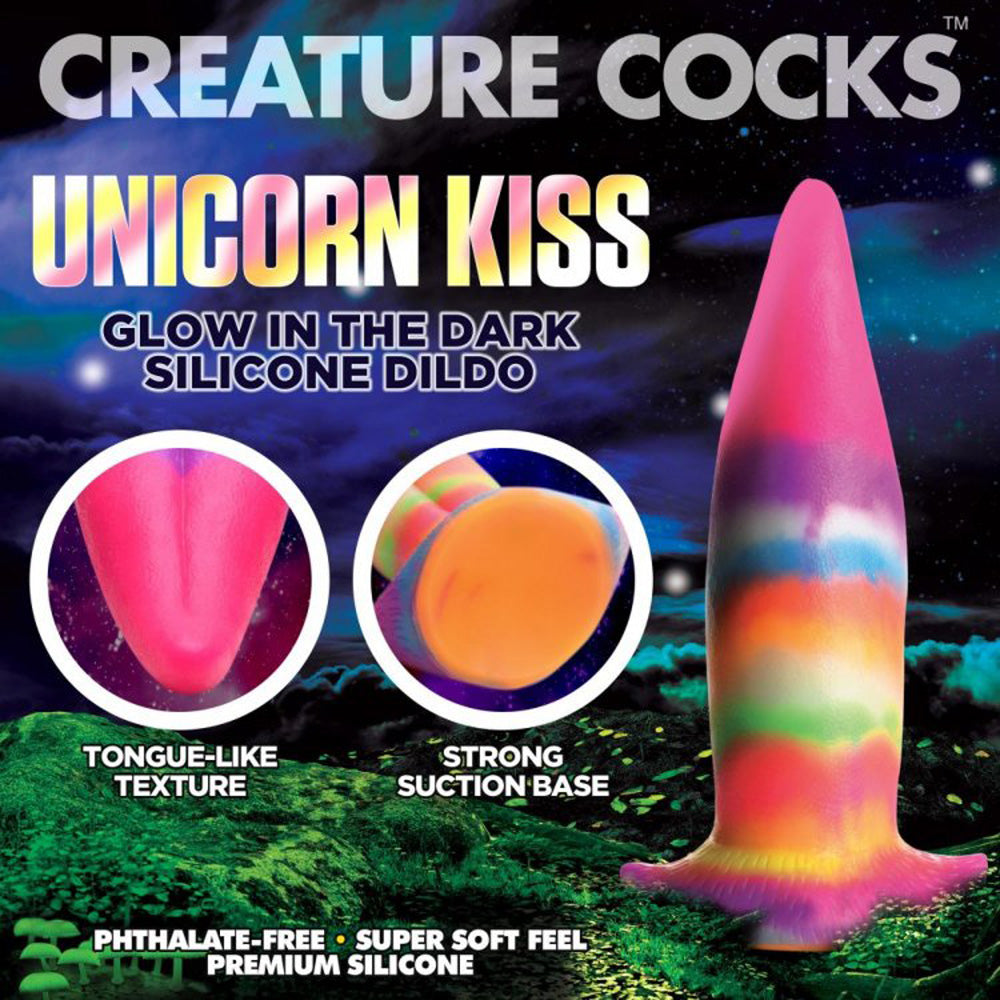 A glow-in-the-dark silicone dildo with a tongue-like texture and suction cup base.