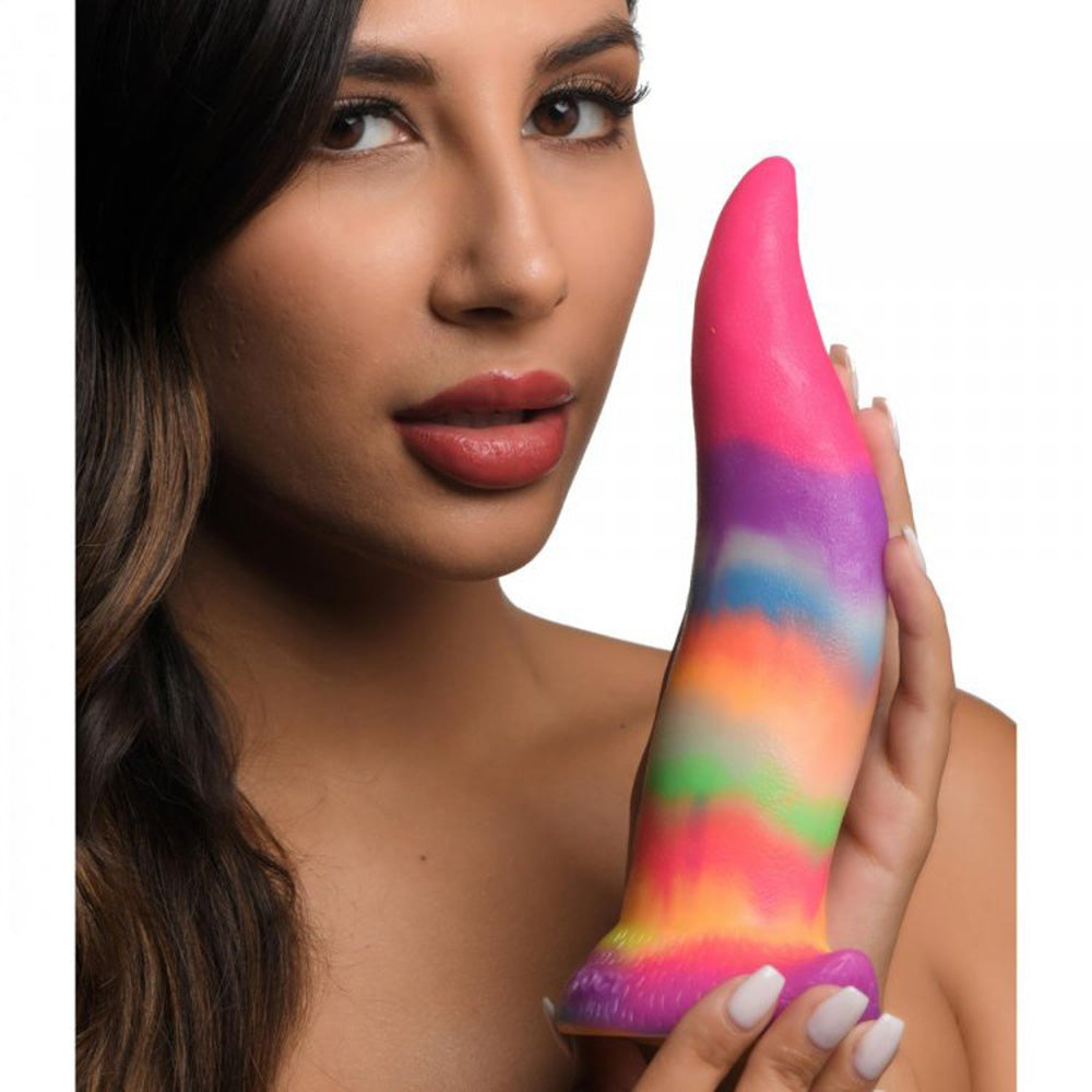 Rainbow unicorn tongue dildo with suction cup base.