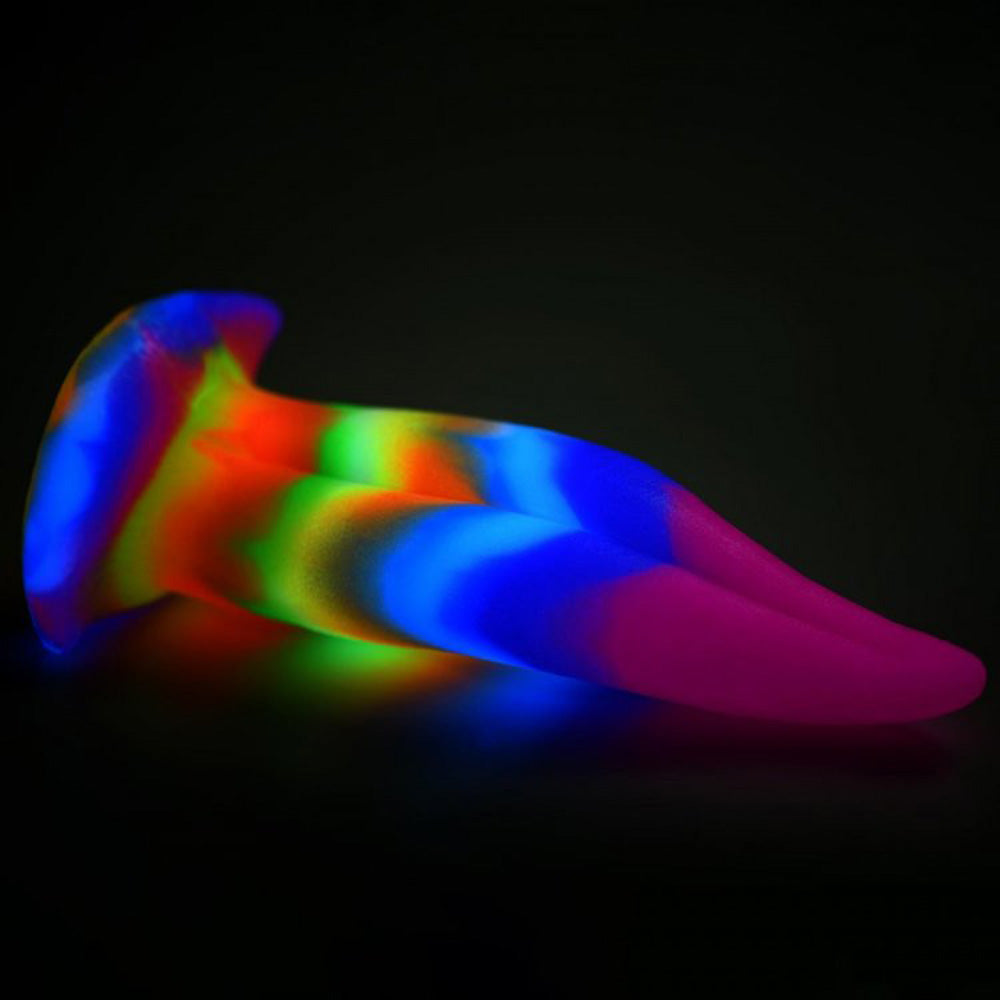 Rainbow glow-in-the-dark silicone dildo with suction cup.