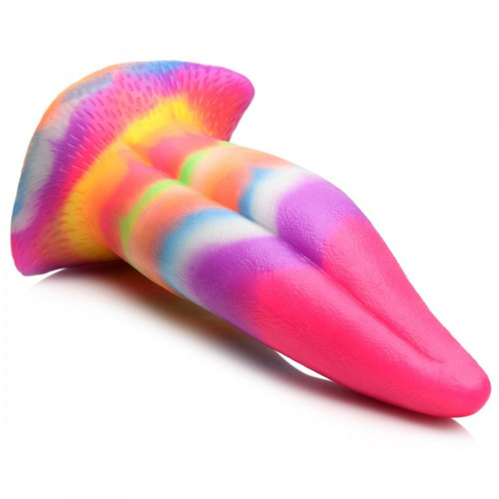 Rainbow unicorn tongue dildo with a suction cup base.
