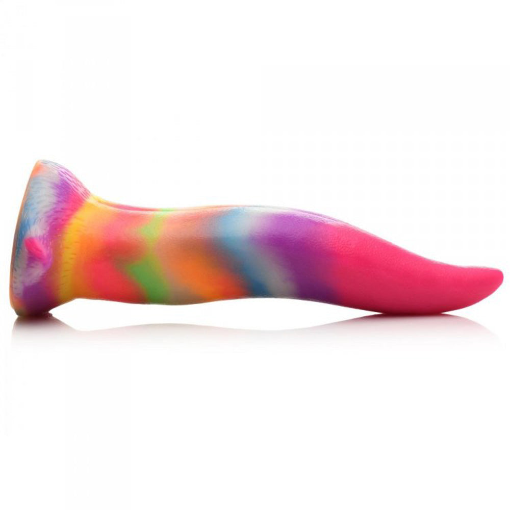 Rainbow glow-in-the-dark silicone dildo with a suction cup base.
