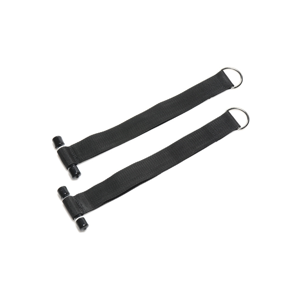Two black nylon straps with metal rings and T-shaped attachments.