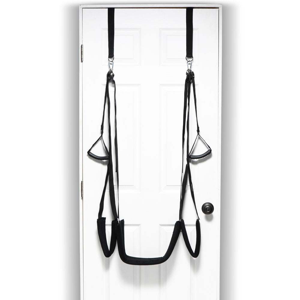 Black padded door swing with adjustable straps and handles.