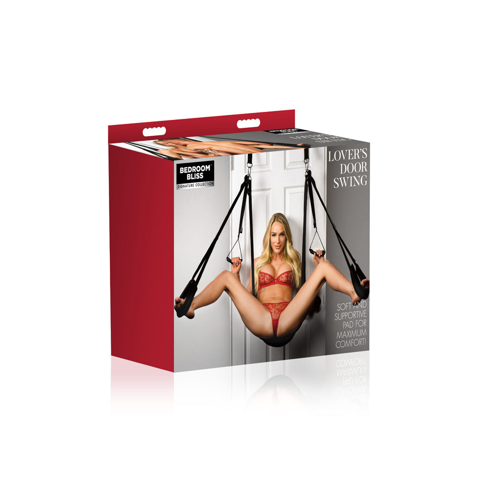 Adjustable padded door swing sex sling in black.