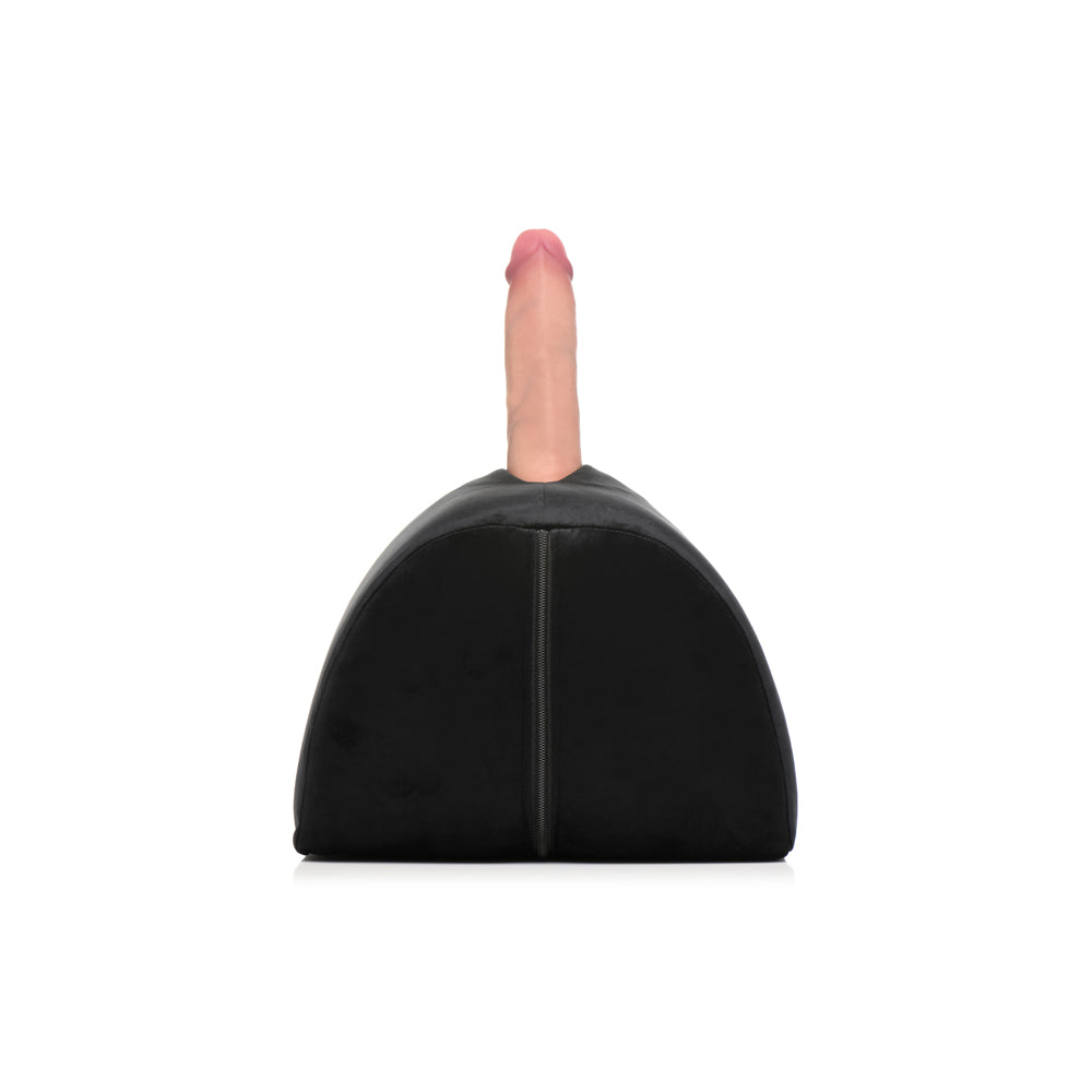 Black ergonomic sex toy saddle cushion with a toy pocket.
