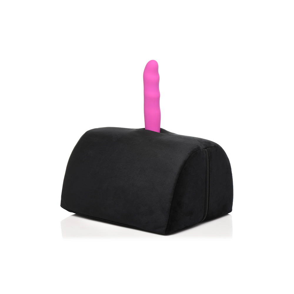 Black ergonomic sex toy saddle cushion with a pink toy.