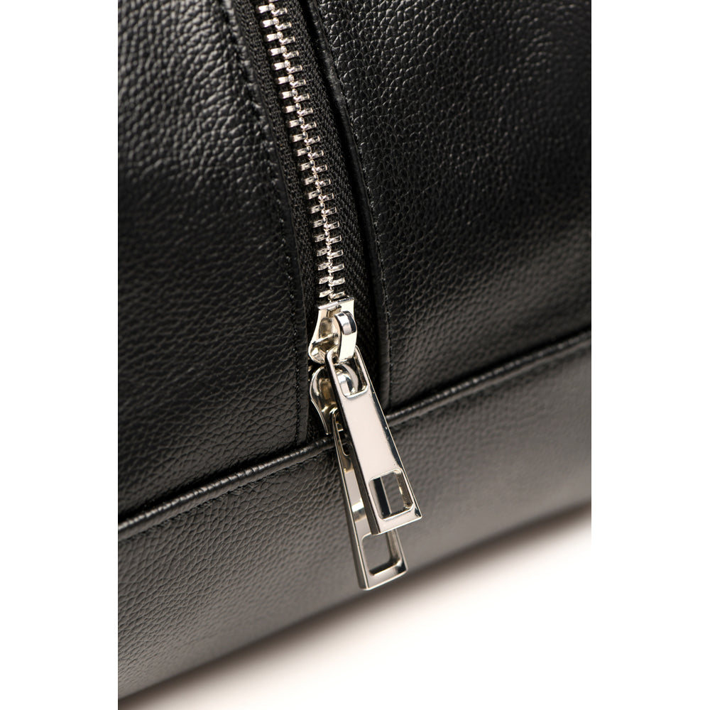 Black vegan leather travel bag with a silver zipper and pull tab.