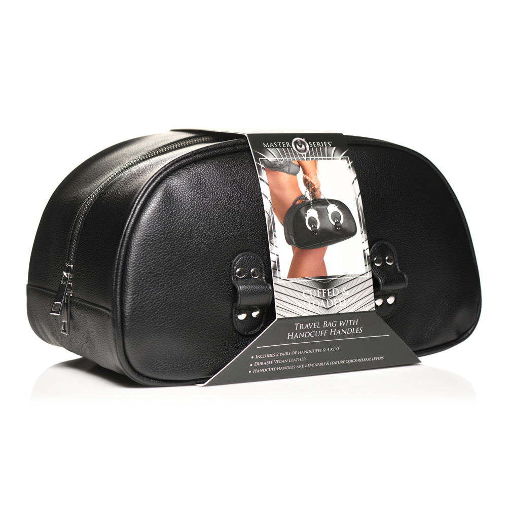 Black vegan leather travel bag with a tag showing a woman holding a similar bag with handcuffs.
