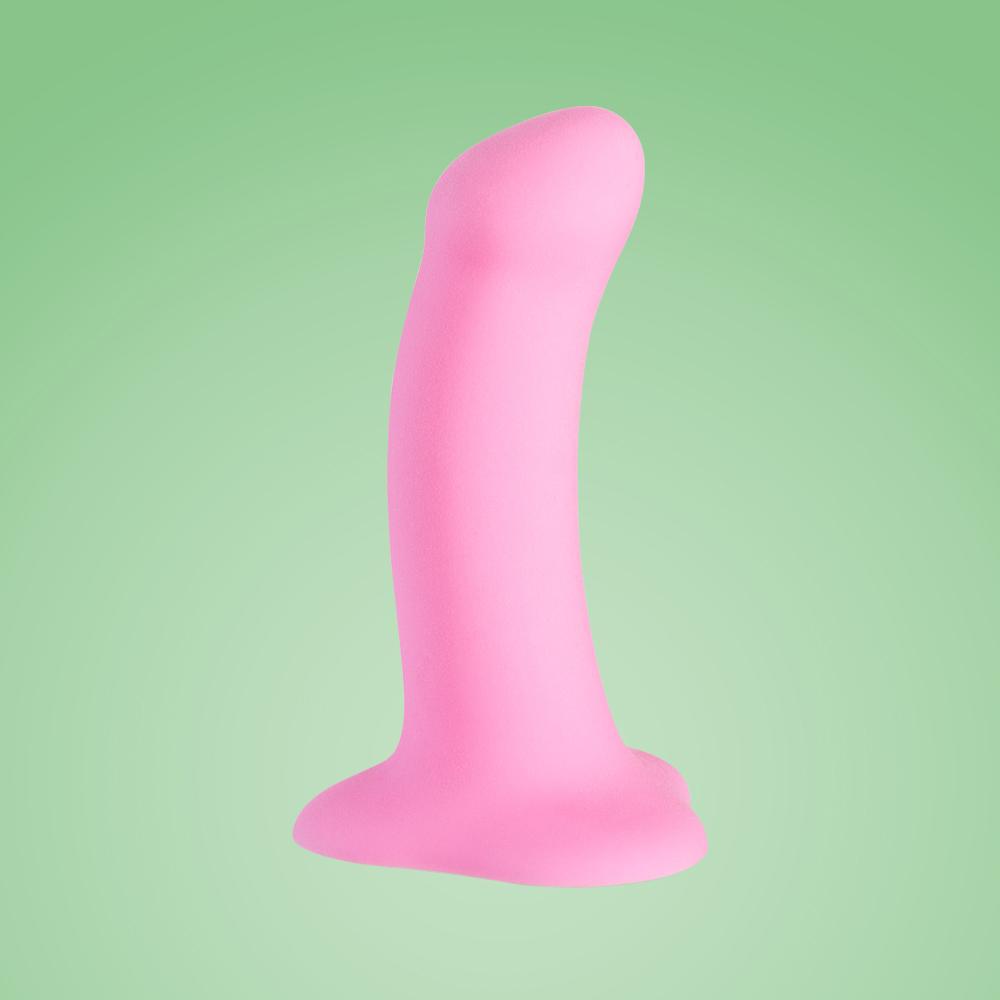 Pink curved silicone suction dildo with thin base for G-spot and prostate stimulation.