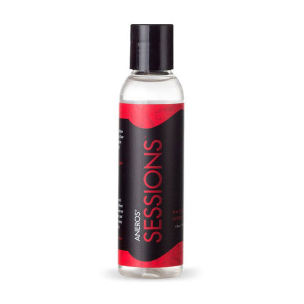Aneros Sessions water-based personal lubricant in a clear bottle with a black cap and red and black label.