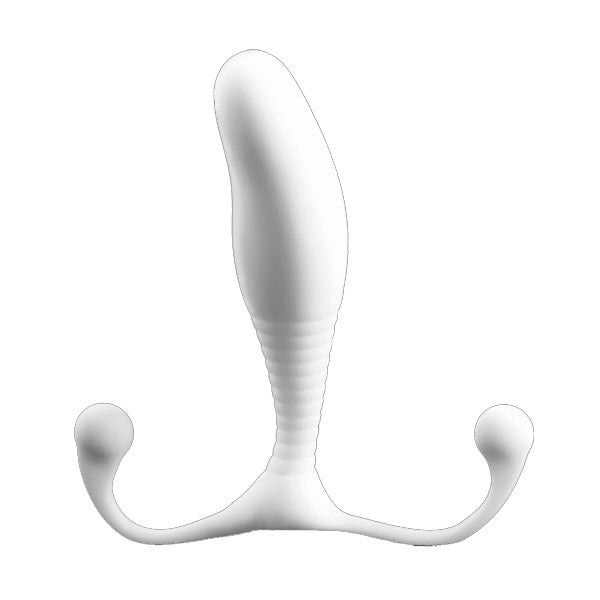 A white Aneros Mgx Trident prostate massager with a ribbed stem and two curved arms.