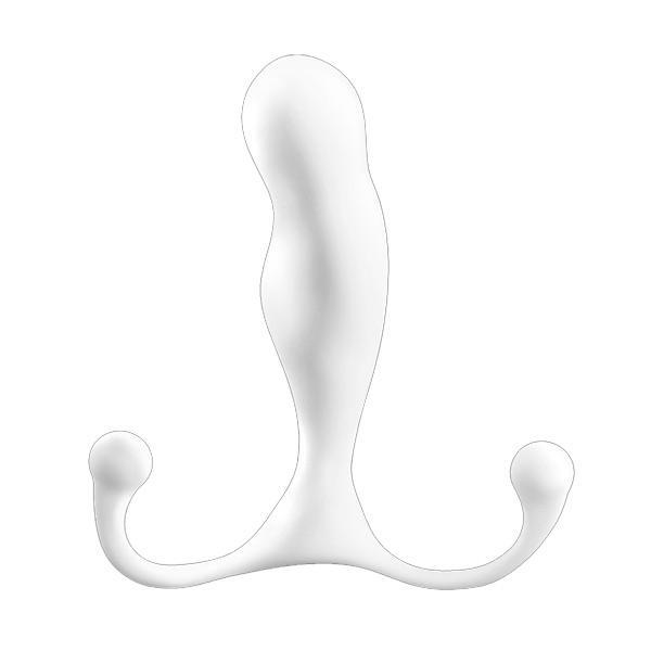 White prostate massager with two curved arms and a perineum tab.