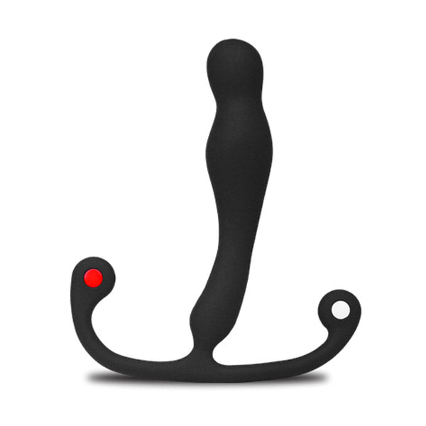 Black silicone prostate massager with a curved handle and two looped ends.